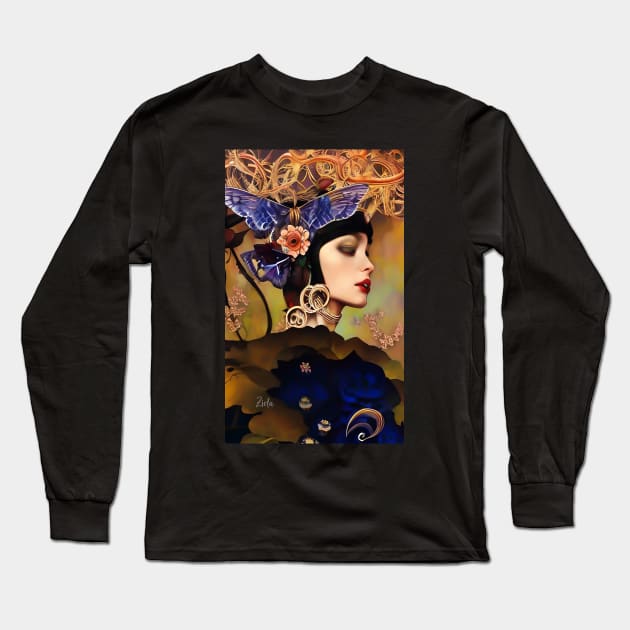 Pretty Art Deco girl painting with butterflies flowers and roses Long Sleeve T-Shirt by ZiolaRosa